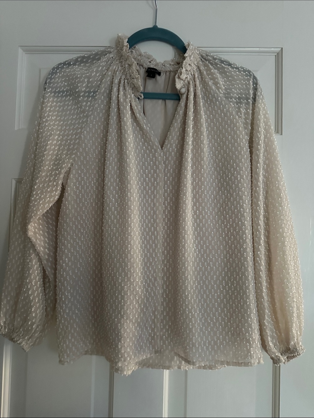 Ann Taylor Cream Ruffled Mock-Neck Swiss Dot Blouse